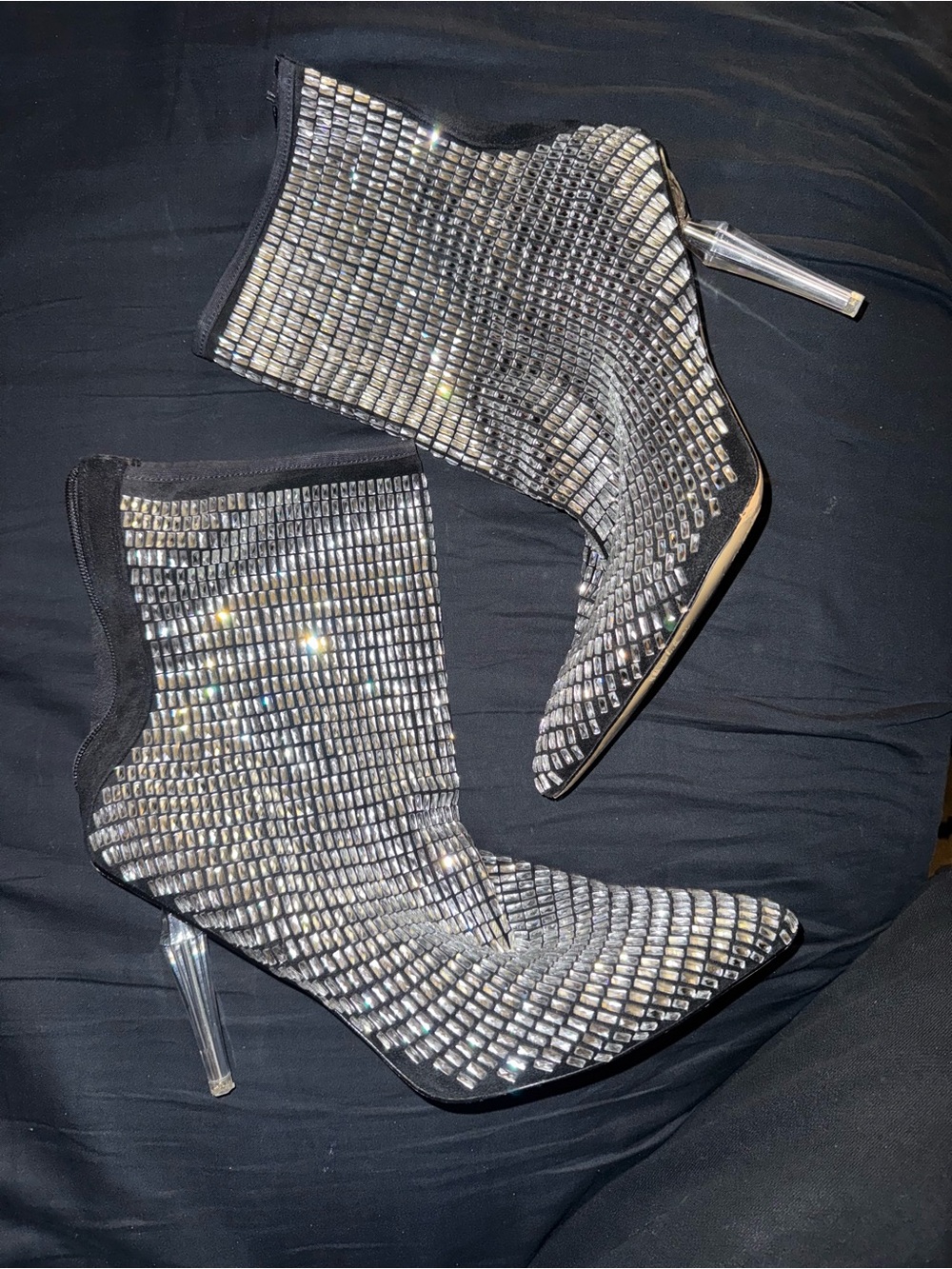 Unisex Silver Crystal Stretch Sock Booties with Clear Heel